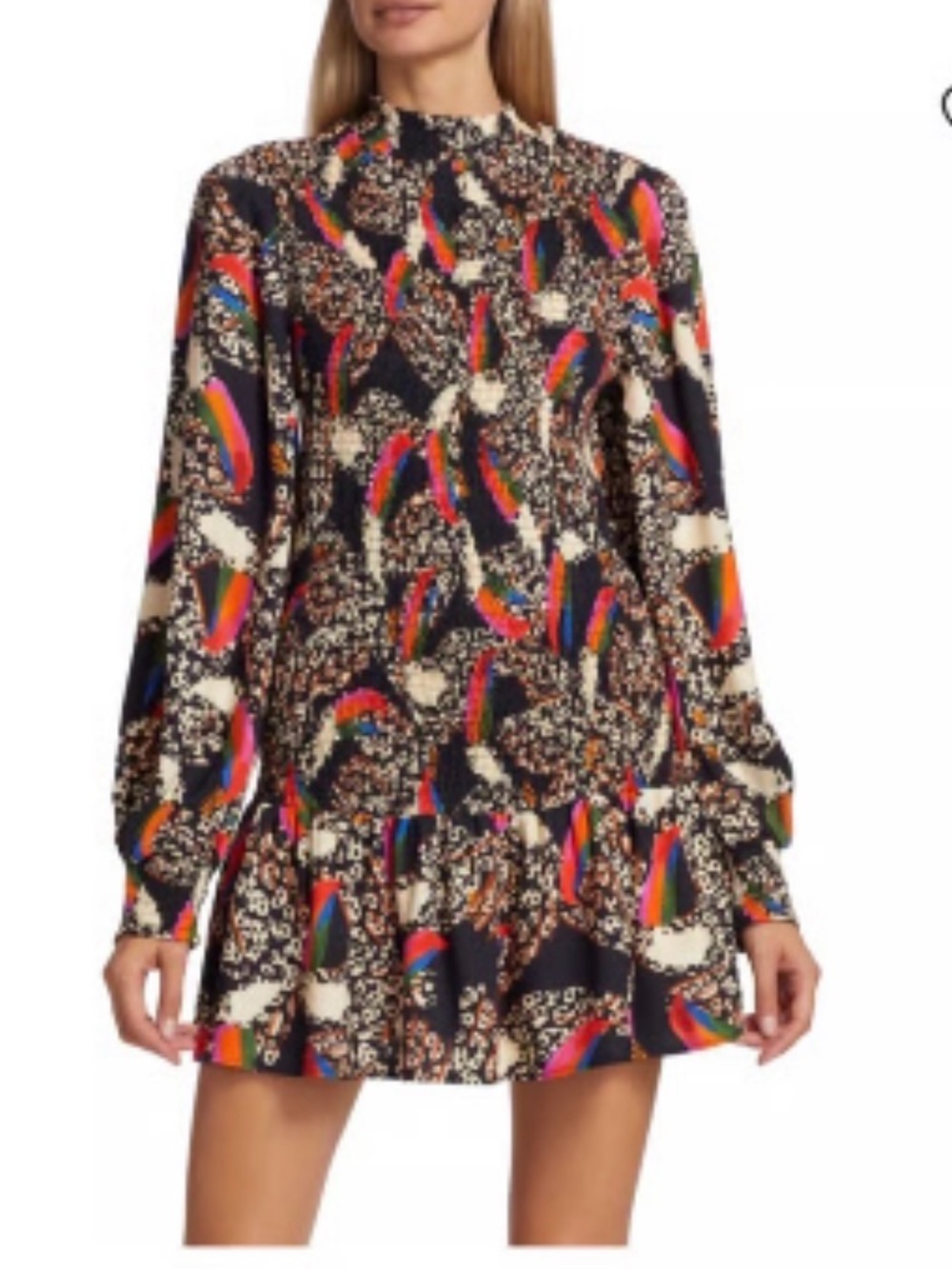 FARM Rio Black Multicolor Mini Dress with Leopard & Rainbow Print